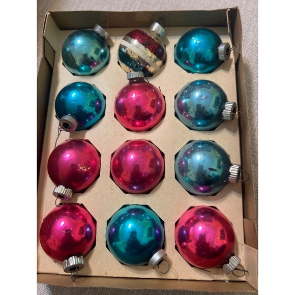 Vintage Coby Christmas Ornaments Set Of 12 Glass Red & Blue American Made READ - Picture 3 of 5